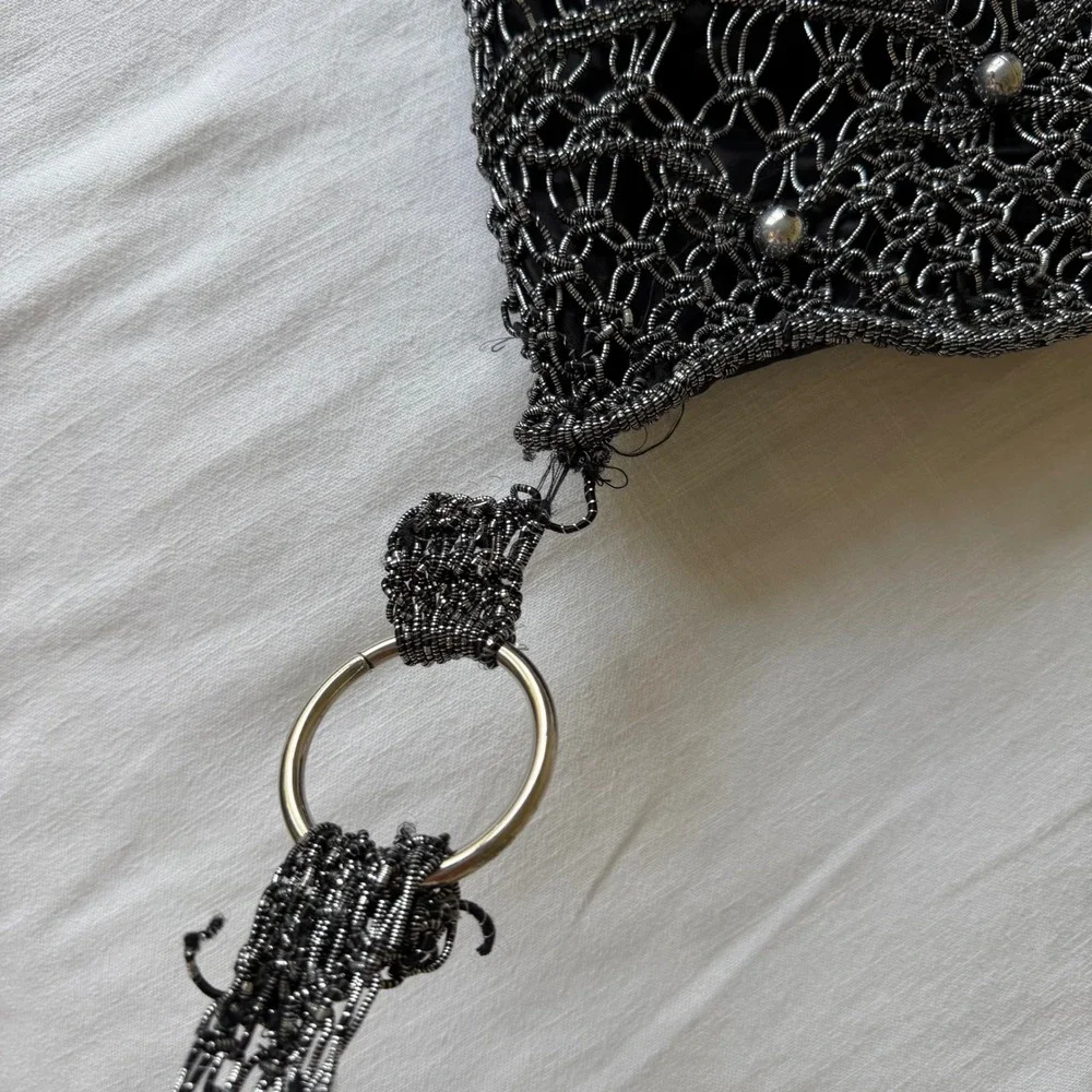 Y2K Gunmetal Metallic Crochet Mesh Crossbody Bag Fringe‎ Tassels Broken Ring